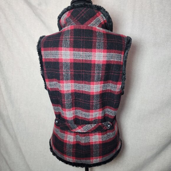 Woolrich Vest Womens S Black Red Plaid Faux Fur Lined Pockets Wool Blend Cozy - Picture 3 of 7